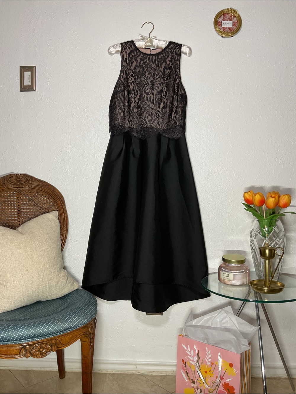 Oasis Black Satin High-Low Dress with Lace Bodice